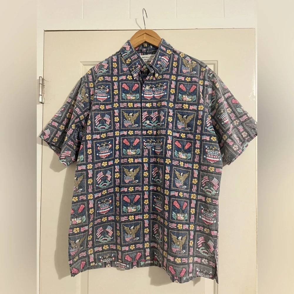 Reyn Spooner‎ Dietrich Varez Hawaiian Button Pullover Shirt USA Flag Patriotic